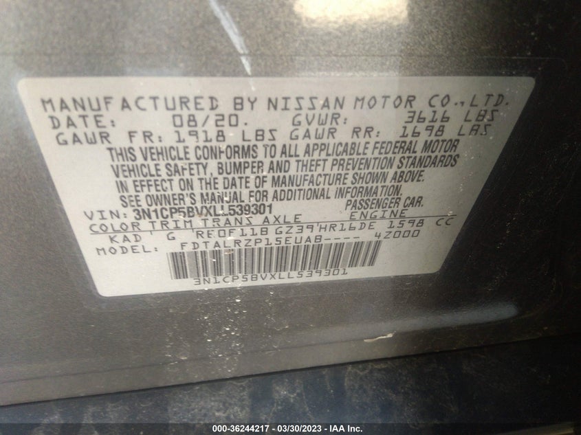 VIN 3N1CP5BVXLL539301 2020 NISSAN KICKS S