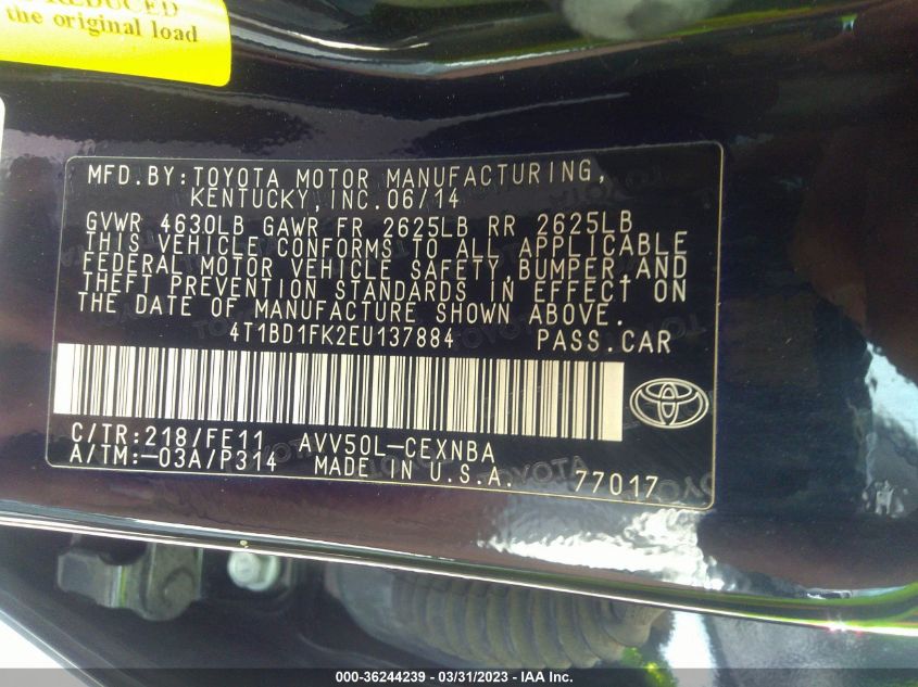 2014 TOYOTA CAMRY HYBRID LE/XLE/SE LIMITED EDITION - 4T1BD1FK2EU137884