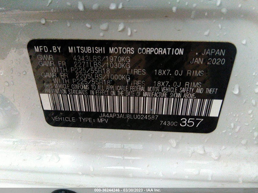 VIN JA4AP3AU8LU024587 2020 MITSUBISHI OUTLANDER SPORT ES 2.0/SP 2.0
