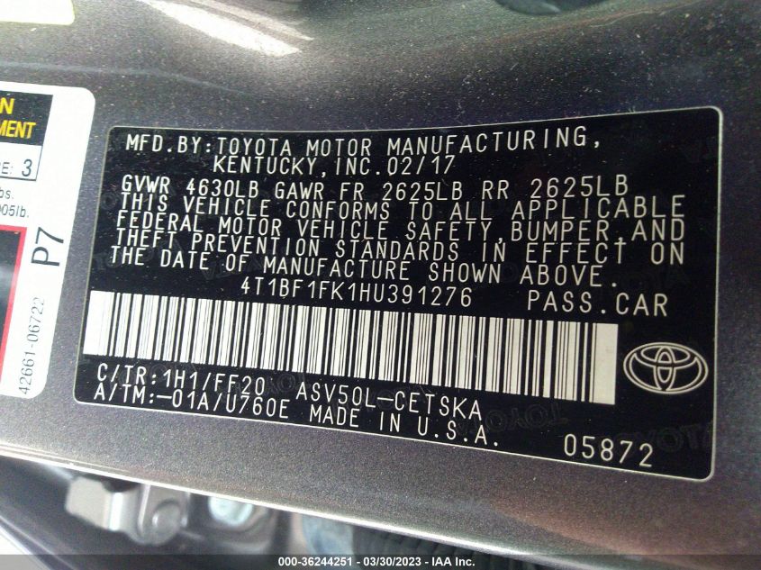 2017 TOYOTA CAMRY XLE/SE/LE/XSE - 4T1BF1FK1HU391276