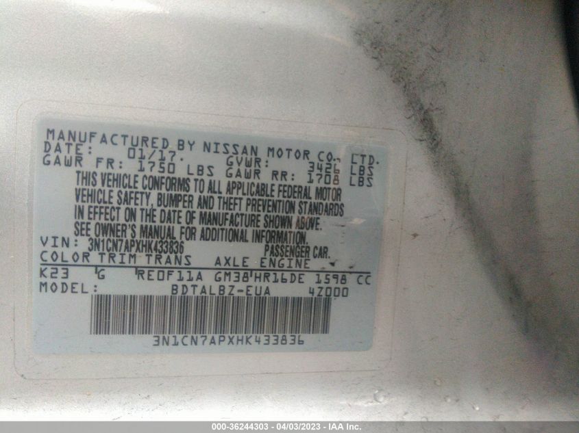 2017 NISSAN VERSA SEDAN SV - 3N1CN7APXHK433836
