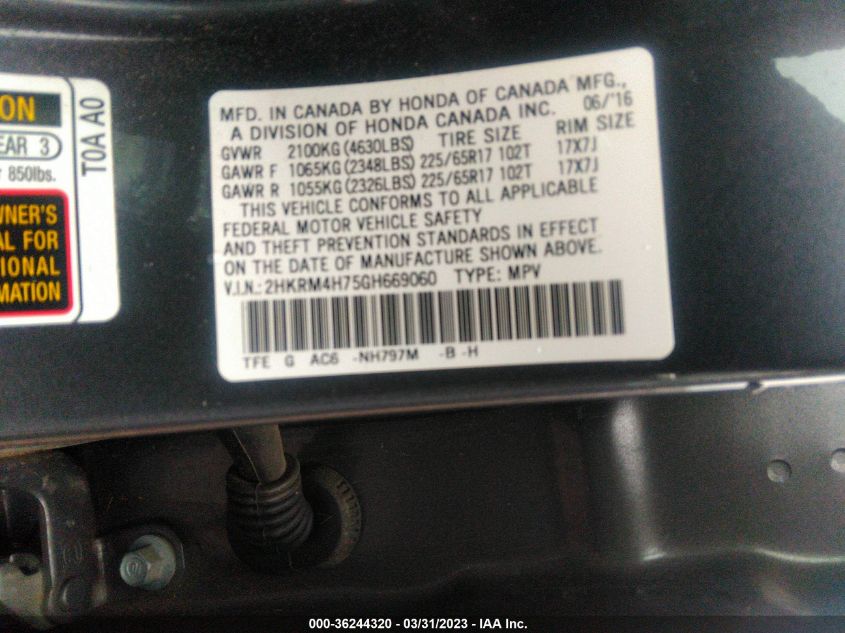 2016 HONDA CR-V EX-L - 2HKRM4H75GH669060