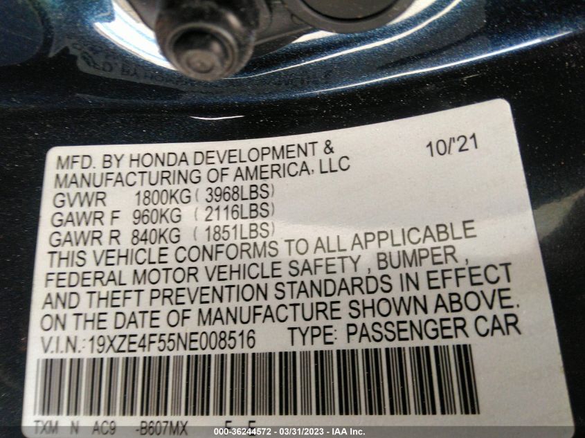 2022 HONDA INSIGHT EX 19XZE4F55NE008516