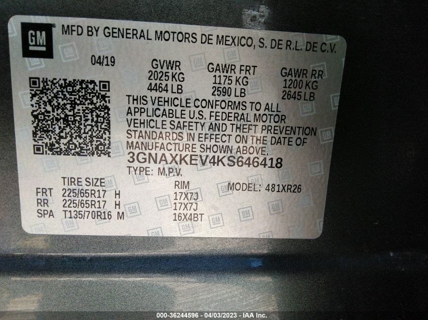 2019 CHEVROLET EQUINOX LT - 3GNAXKEV4KS646418