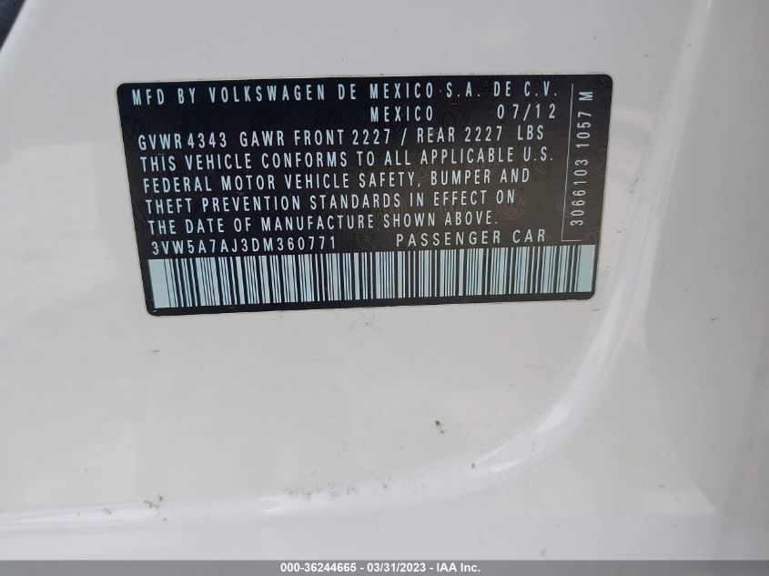2013 VOLKSWAGEN GLI AUTOBAHN W/NAV 3VW5A7AJ3DM360771