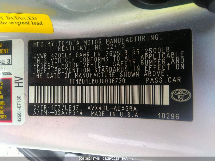 2013 TOYOTA AVALON HYBRID XLE PREMIUM 4T1BD1EB0DU006730