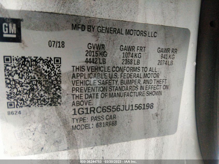 2018 CHEVROLET VOLT LT - 1G1RC6S56JU156198