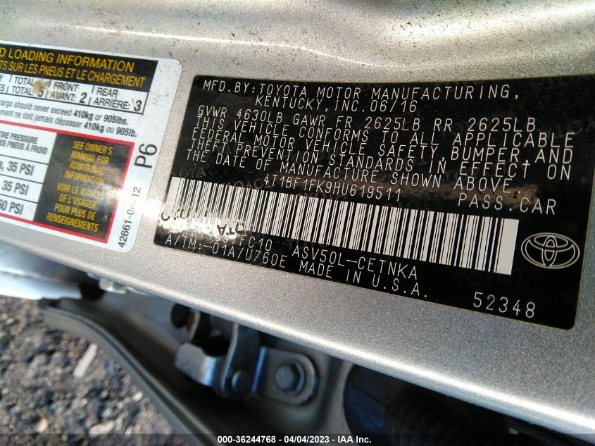 2017 TOYOTA CAMRY XLE/SE/LE/XSE - 4T1BF1FK9HU619511