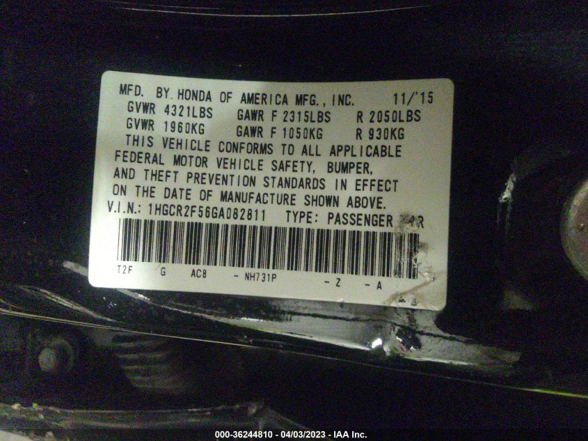 2016 HONDA ACCORD SEDAN SPORT - 1HGCR2F56GA082811