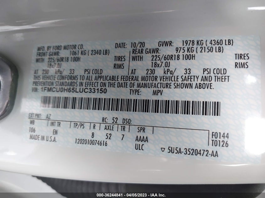 VIN 1FMCU0H65LUC33150 2020 FORD ESCAPE SEL
