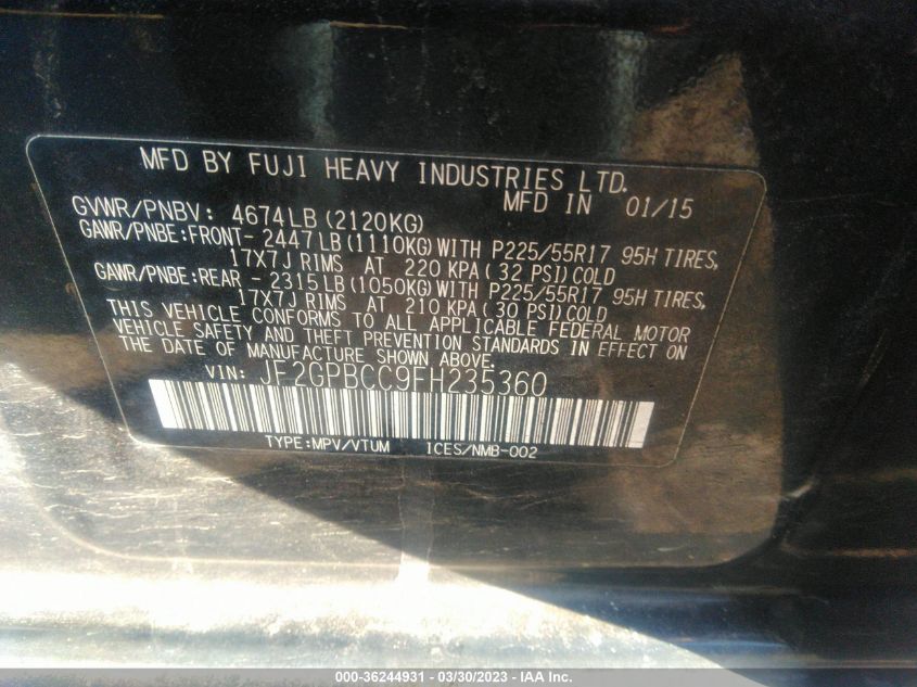 2015 SUBARU XV CROSSTREK HYBRID - JF2GPBCC9FH235360