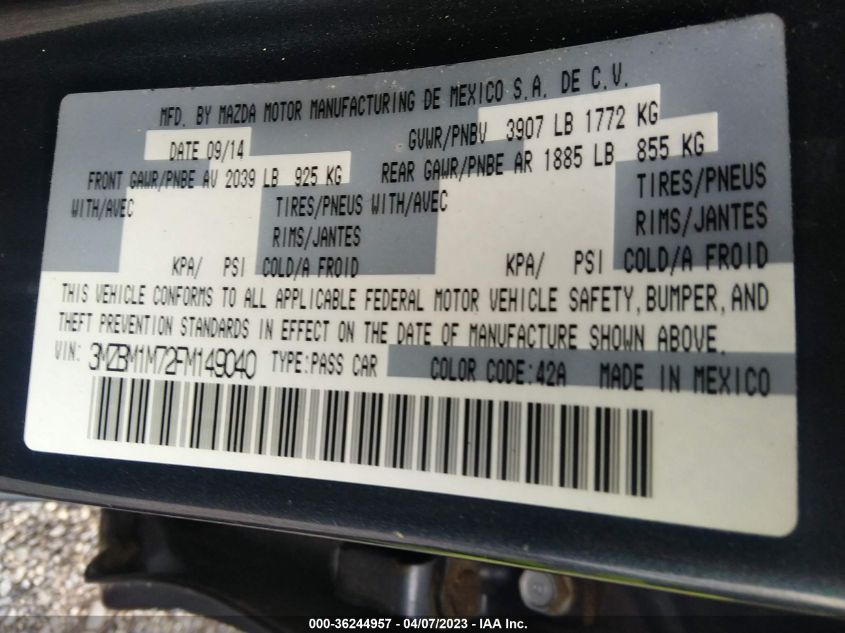 2015 MAZDA MAZDA3 I GRAND TOURING - 3MZBM1M72FM149040