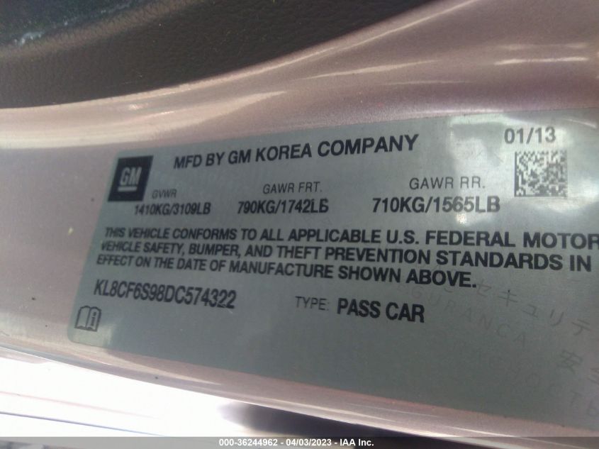 2013 CHEVROLET SPARK LT - KL8CF6S98DC574322