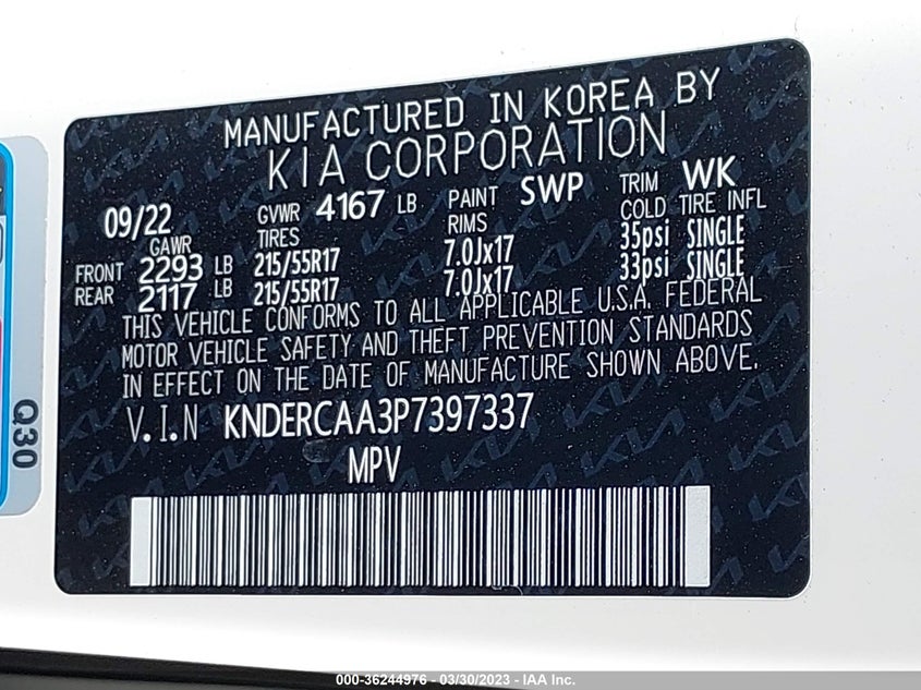 VIN KNDERCAA3P7397337 2023 KIA SELTOS EX