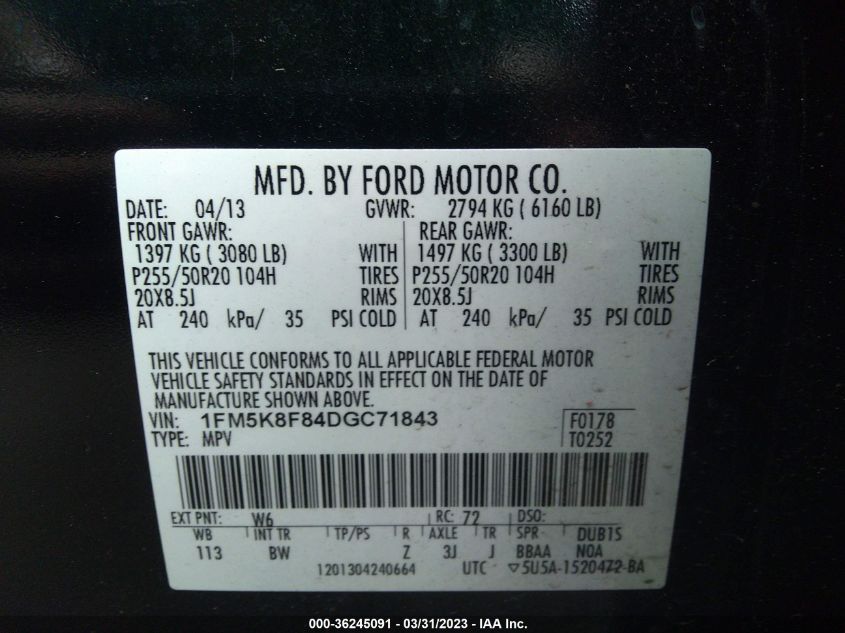 2013 FORD EXPLORER LIMITED - 1FM5K8F84DGC71843