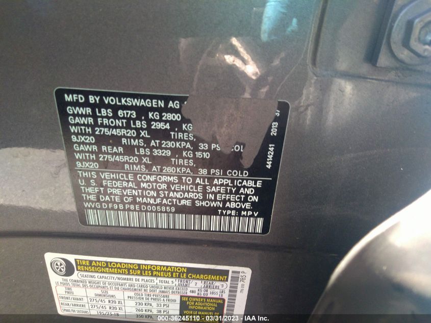 2014 VOLKSWAGEN TOUAREG R-LINE - WVGDF9BP8ED005859