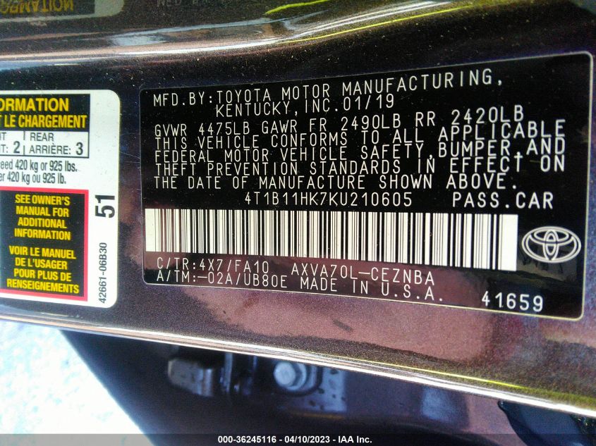 2019 TOYOTA CAMRY LE/SE/XLE/L - 4T1B11HK7KU210605