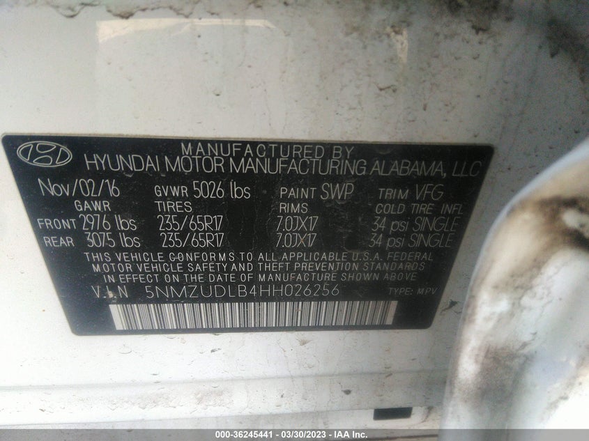 VIN 5NMZUDLB4HH026256 2017 HYUNDAI SANTA FE SPORT 2.4L