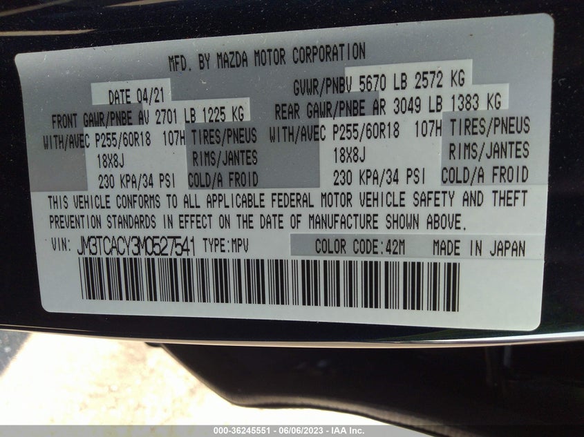 VIN JM3TCACY3M0527541 2021 MAZDA CX-9 TOURING