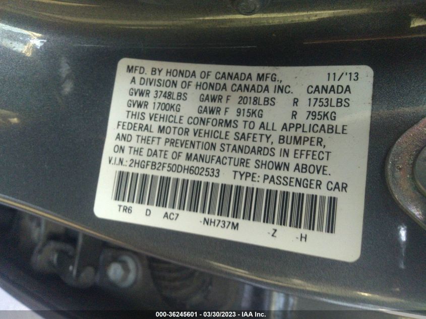2013 HONDA CIVIC SDN LX - 2HGFB2F50DH602533