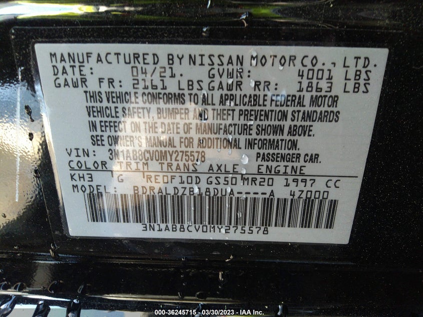 VIN 3N1AB8CV0MY275578 2021 NISSAN SENTRA SV