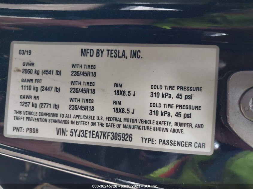 2019 TESLA MODEL 3 RANGE - 5YJ3E1EA7KF305926