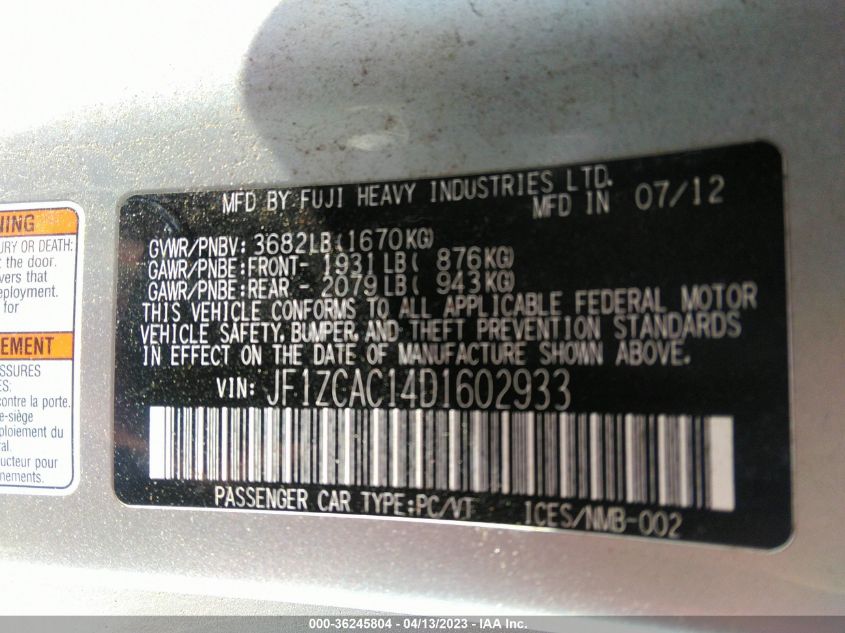 2013 SUBARU BRZ LIMITED - JF1ZCAC14D1602933