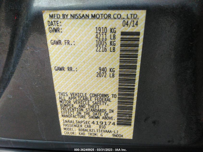 2014 NISSAN ALTIMA 2.5 S - 1N4AL3AP5EC419174