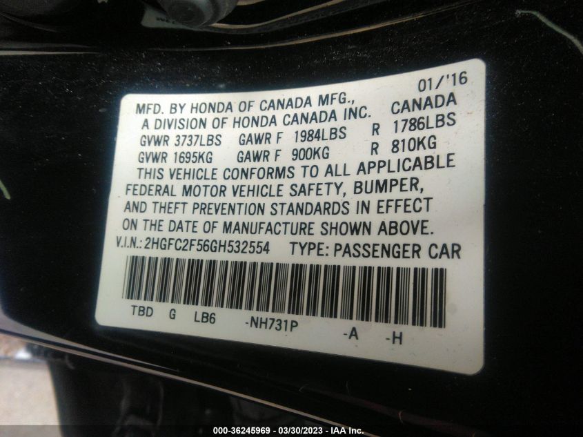 2016 HONDA CIVIC SEDAN LX - 2HGFC2F56GH532554