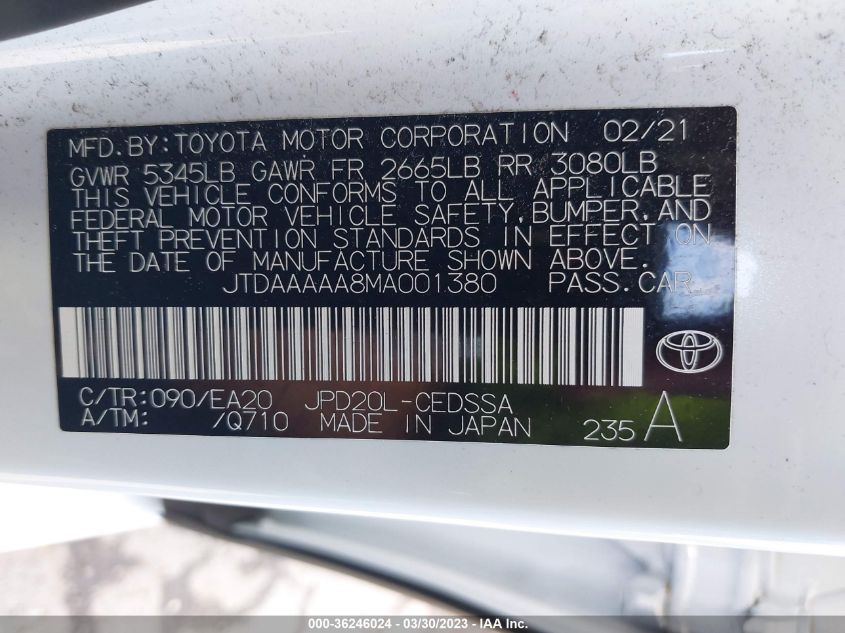 2021 TOYOTA MIRAI XLE/LIMITED JTDAAAAA8MA001380