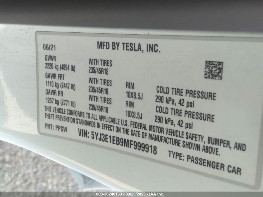 2021 TESLA MODEL 3 LONG RANGE - 5YJ3E1EB9MF999918