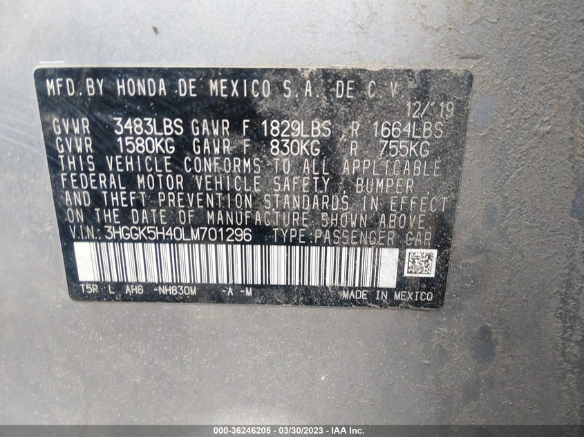VIN 3HGGK5H40LM701296 2020 HONDA FIT LX