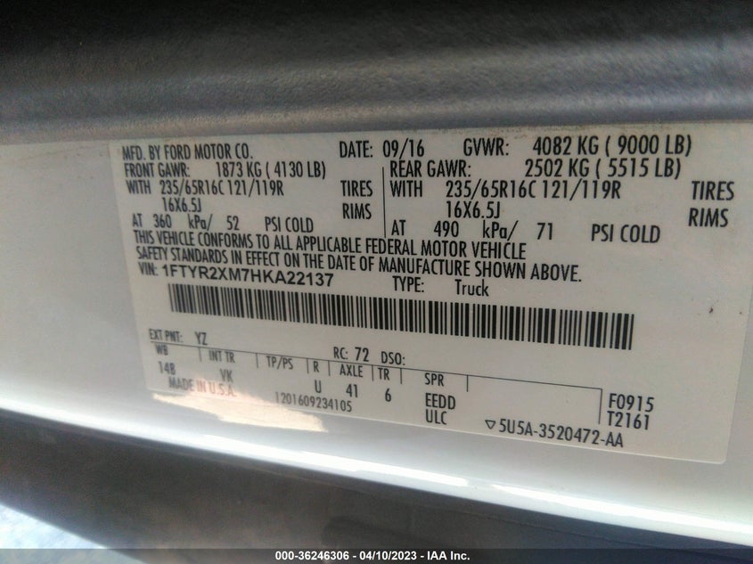 VIN 1FTYR2XM7HKA22137 2017 FORD TRANSIT VAN
