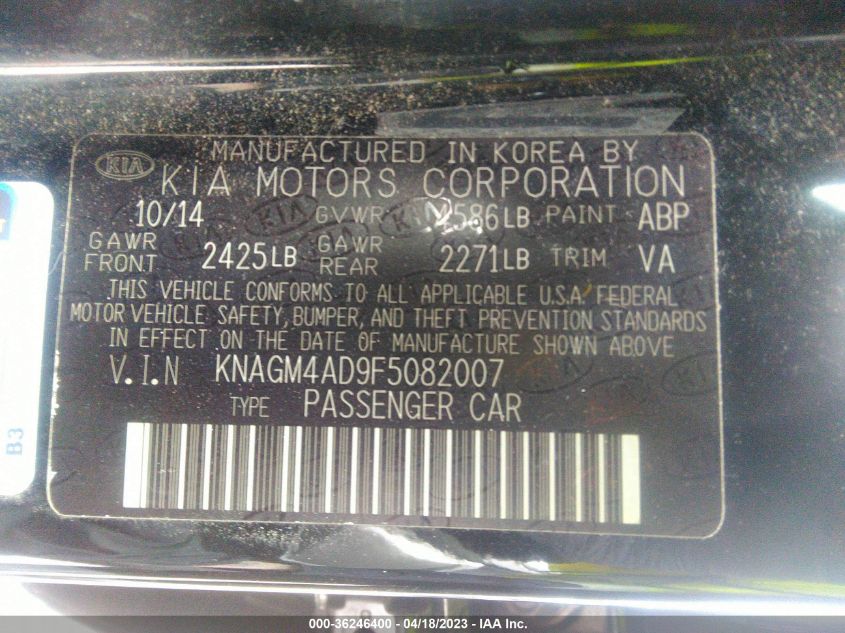 2015 KIA OPTIMA HYBRID - KNAGM4AD9F5082007