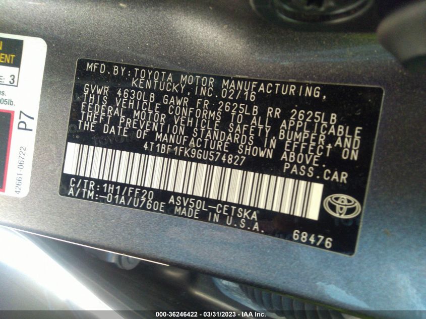2016 TOYOTA CAMRY XLE/SE/LE/XSE - 4T1BF1FK9GU574827