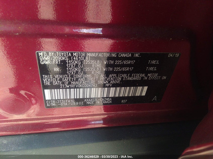 VIN 2T3W1RFV0KC004743 2019 TOYOTA RAV4 XLE