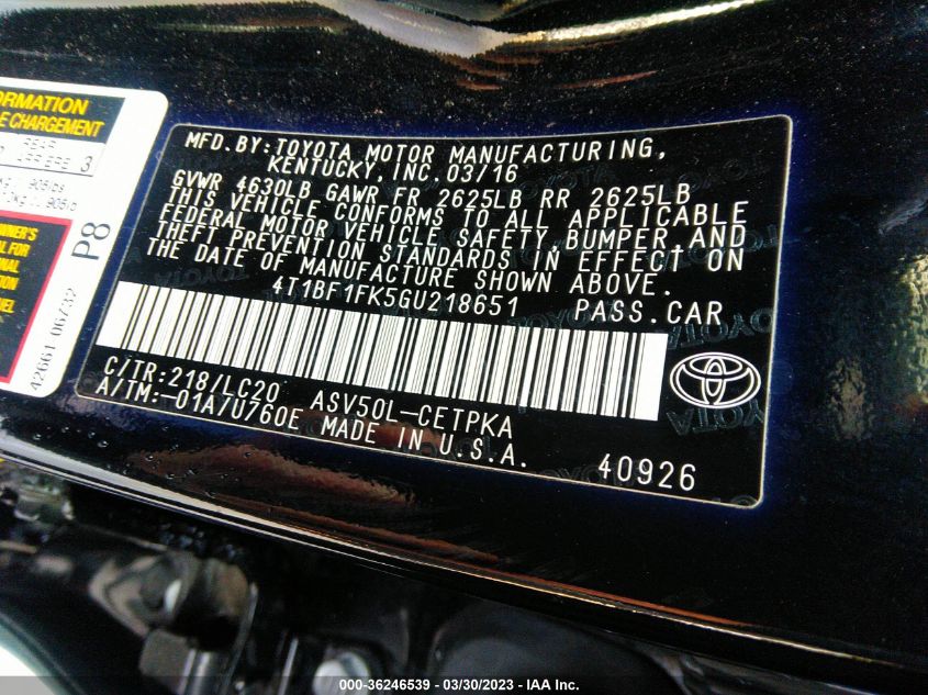 2016 TOYOTA CAMRY XLE/SE/LE/XSE - 4T1BF1FK5GU218651