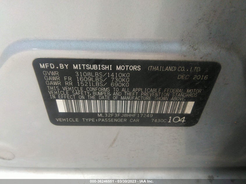 VIN ML32F3FJ8HHF17249 2017 MITSUBISHI MIRAGE G4 ES