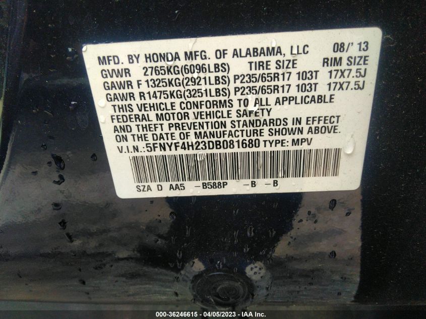 2013 HONDA PILOT LX - 5FNYF4H23DB081680