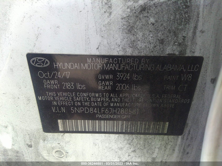 VIN 5NPD84LF6JH288581 2018 HYUNDAI ELANTRA SEL