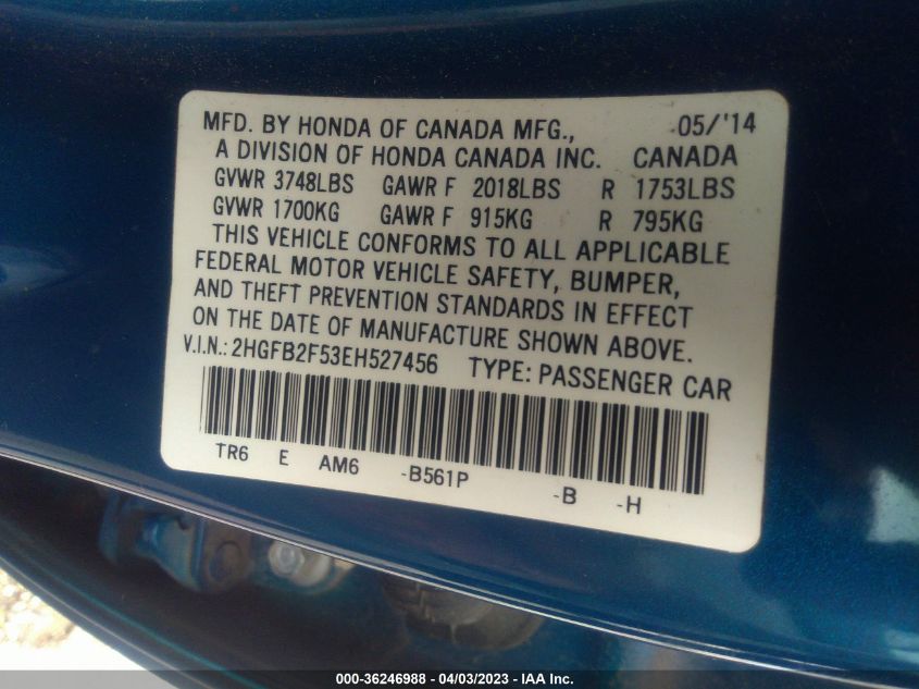 2014 HONDA CIVIC SEDAN LX - 2HGFB2F53EH527456
