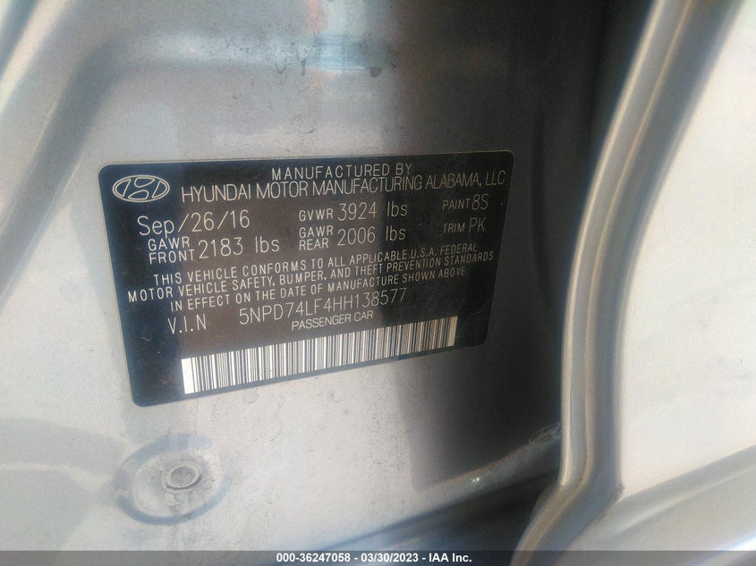 VIN 5NPD74LF4HH138577 2017 HYUNDAI ELANTRA SE
