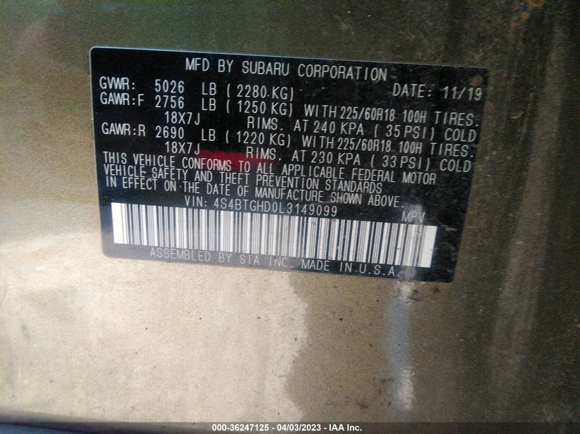 VIN 4S4BTGHD0L3149099 2020 SUBARU OUTBACK ONYX EDITION XT