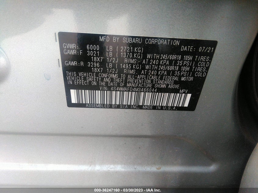 VIN 4S4WMAFD4M3466044 2021 SUBARU ASCENT PREMIUM
