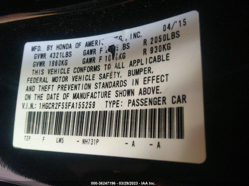 2015 HONDA ACCORD SEDAN SPORT - 1HGCR2F55FA155259