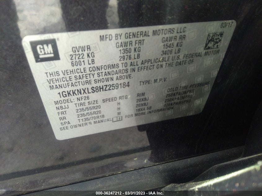 VIN 1GKKNXLS8HZ259184 2017 GMC ACADIA DENALI