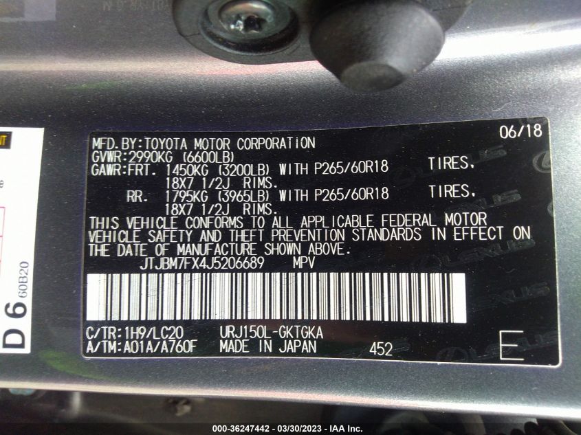 2018 LEXUS GX GX 460 JTJBM7FX4J5206689