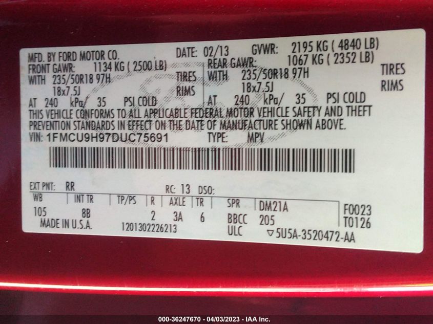 2013 FORD ESCAPE SEL - 1FMCU9H97DUC75691