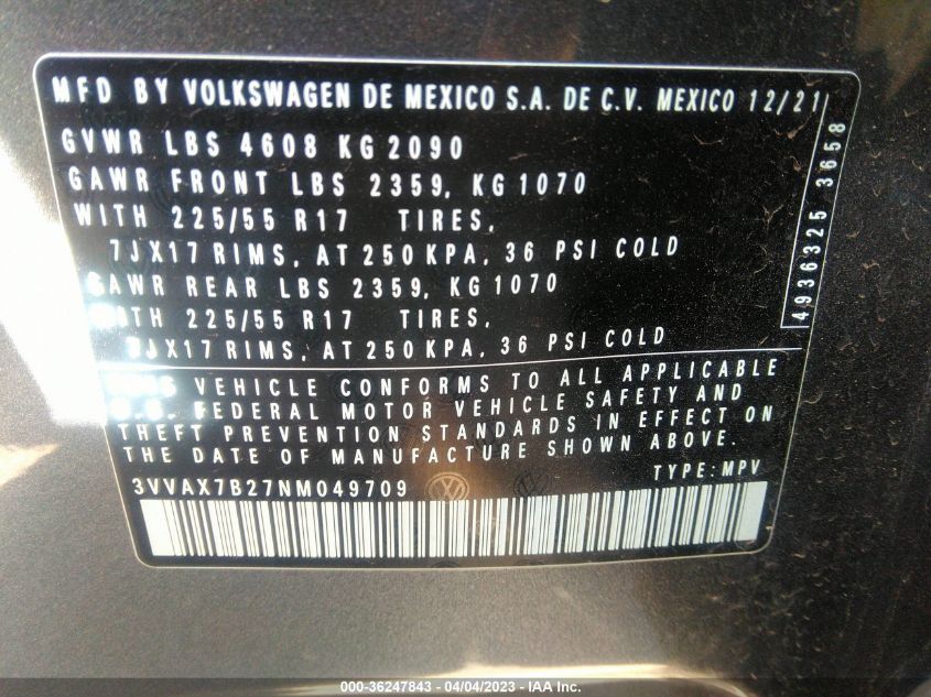 2022 VOLKSWAGEN TAOS S - 3VVAX7B27NM049709