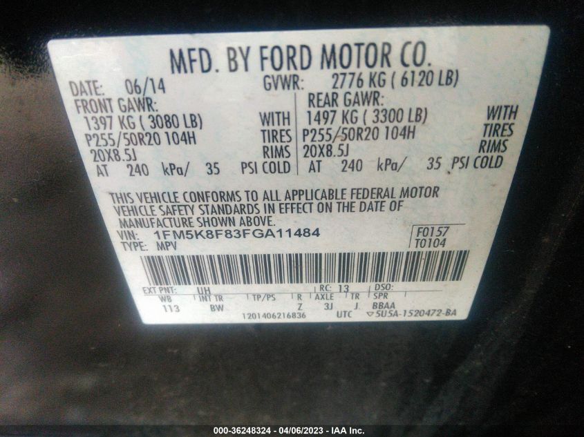 2015 FORD EXPLORER LIMITED - 1FM5K8F83FGA11484